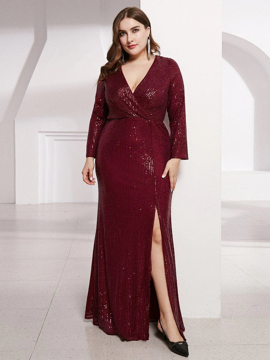 Shiny V Neck Plus Size Sequin Wholesale Evening Party Dress