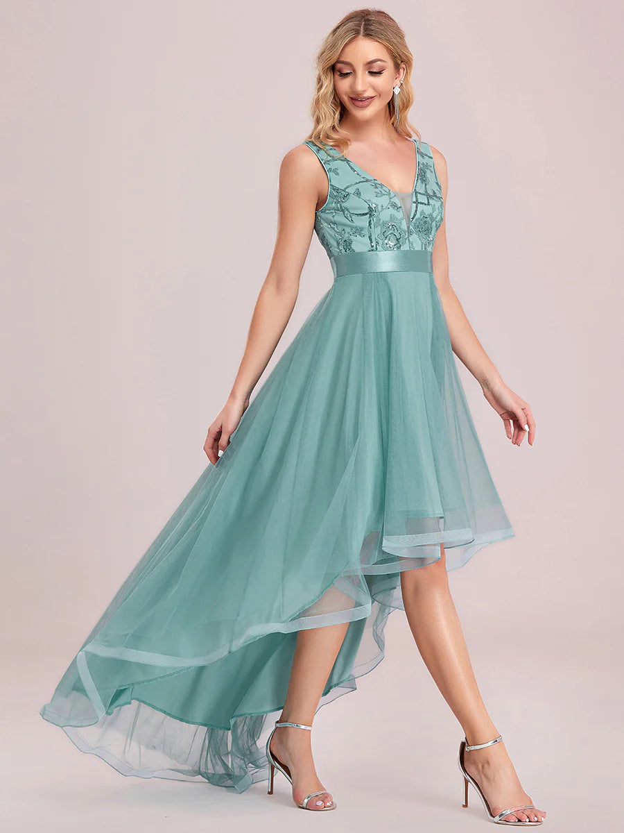 High-Low V Neck Tulle Wholesale Prom Dresses with Sequin Appliques