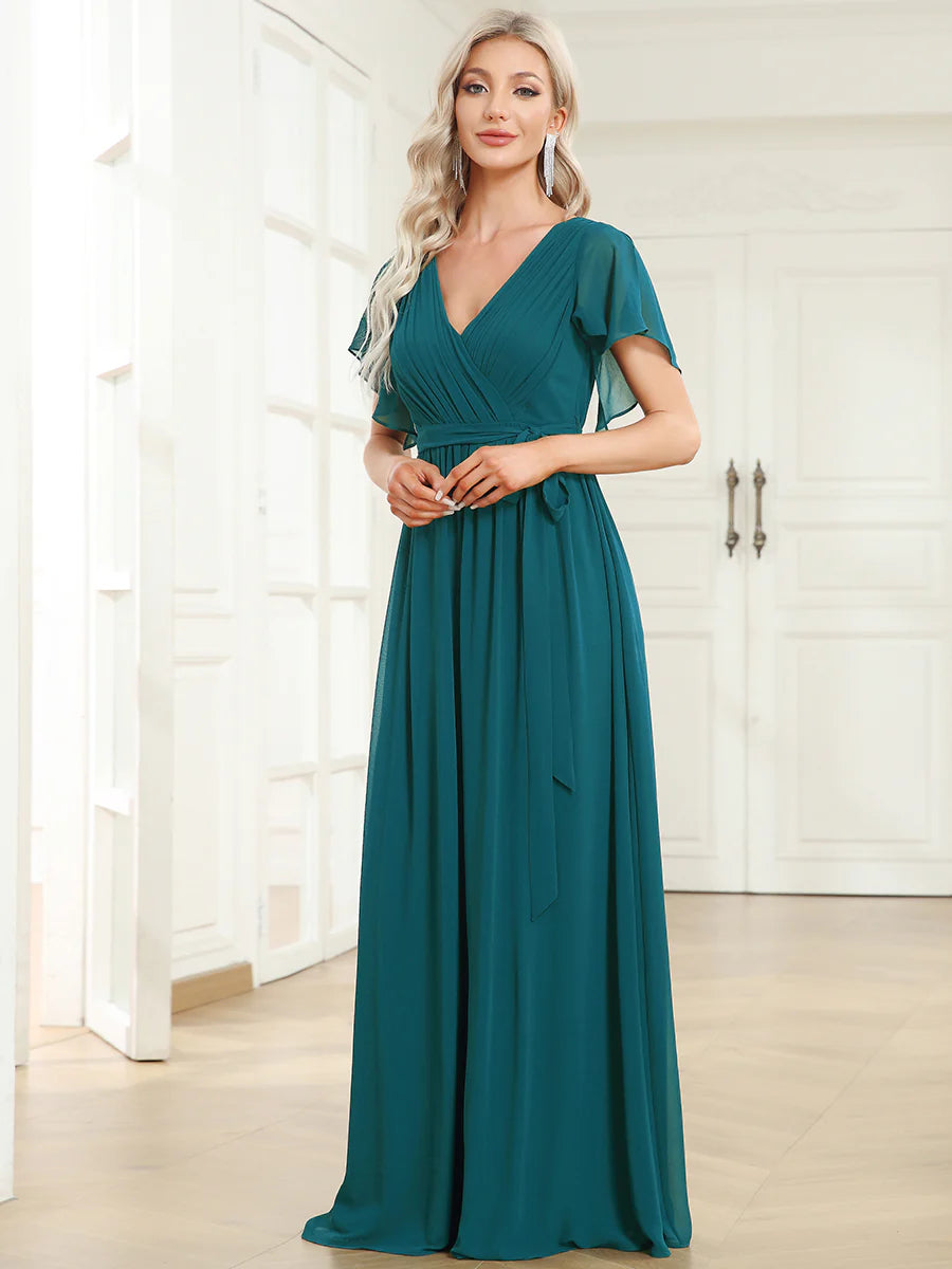 A Line Wholesale Evening Dresses with Deep V Neck Ruffles Sleeves