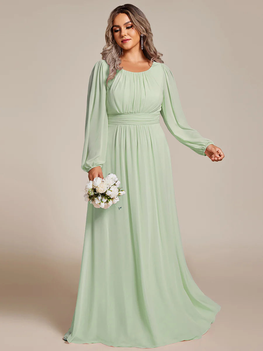 Plus Size Round Neck Wholesale Bridesmaid Dresses with Long Lantern Sleeves