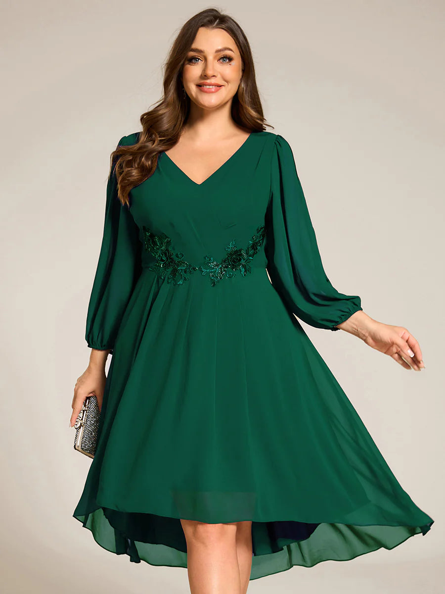 Plus Size Elegant Lantern Sleeve Applique Empire Waist Midi-Length Chiffon Evening Dresses with Asymmetrical Hem