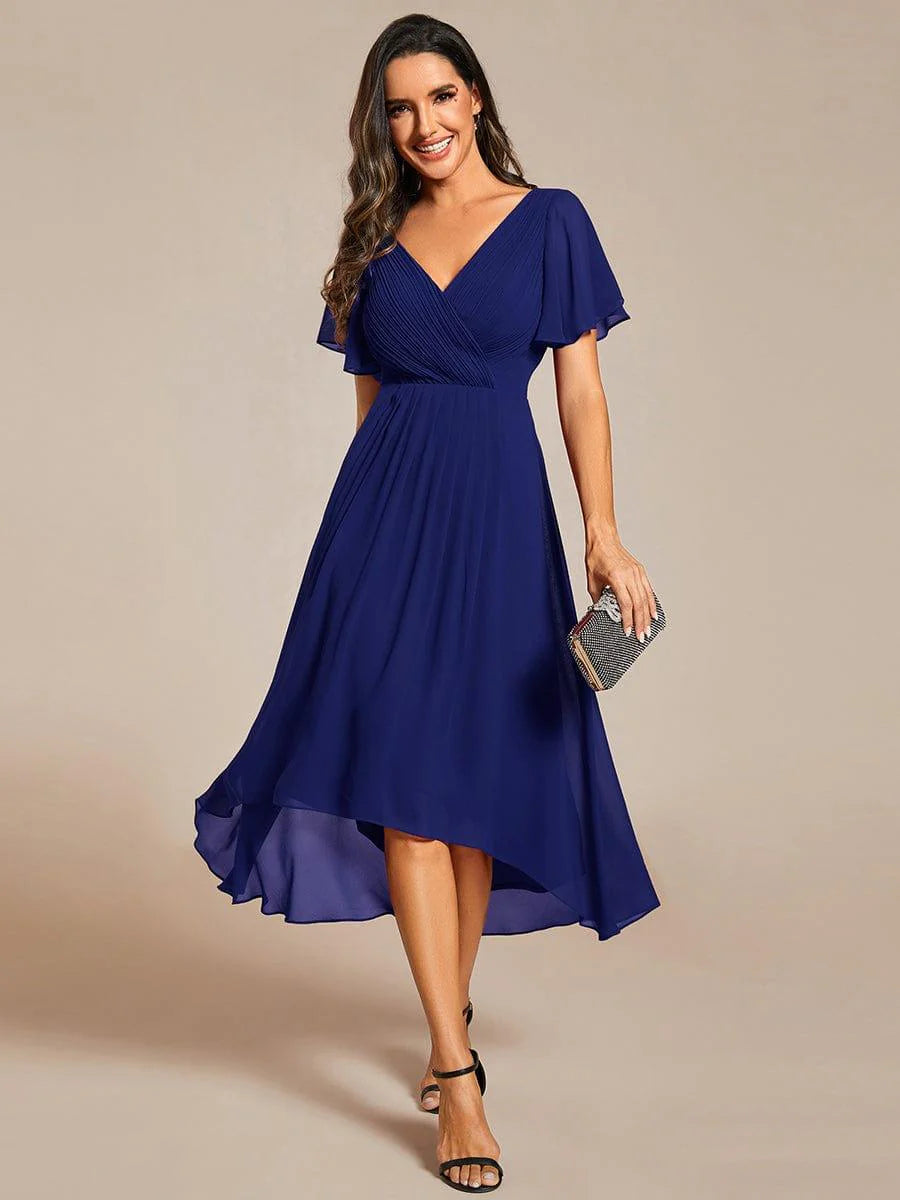 Chic V Neck High-Low Short Sleeve Wedding Guest Dress