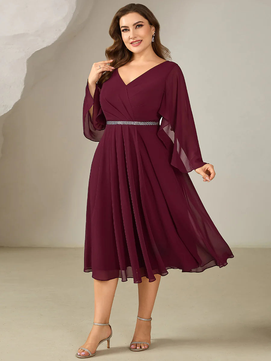 Plus Size 3/4 Sleeve Ruffle Deep V-Neck A-Line Midi Wedding Guest Dresses