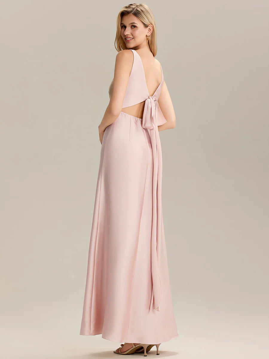 Short Sleeve V-Neck Backless A-Line Floor Length Bridesmaid Dresses