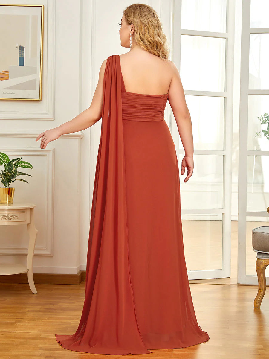 One Shoulder Chiffon Ruffles Plus Size Long Evening Dresses