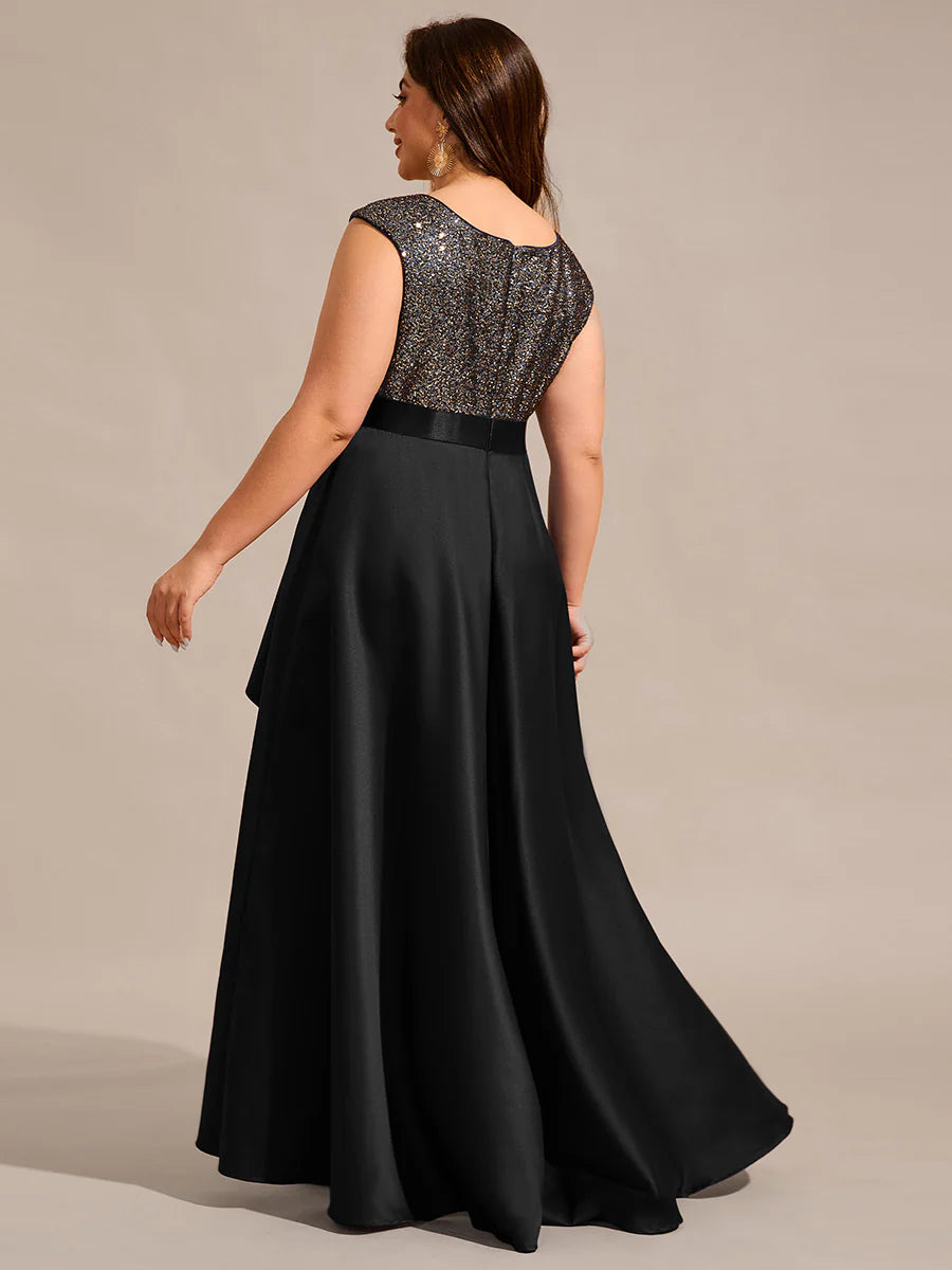 Plus Size Elegant Round Neck Asymmetrical Hem Sequin Contrast Satin Dresses with Raglan Sleeves