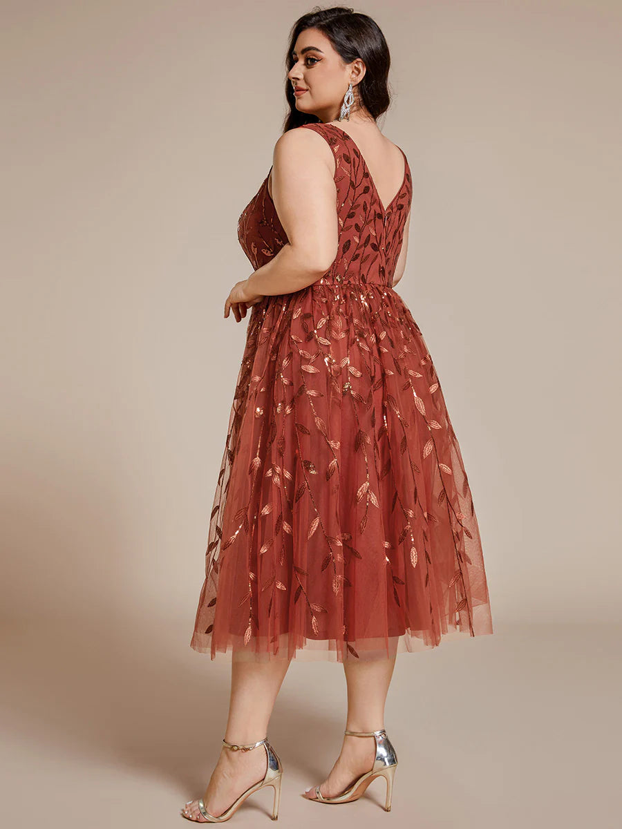 Plus Size V-Neck Sequin Midi Wedding Guest Dress With Sleeveless