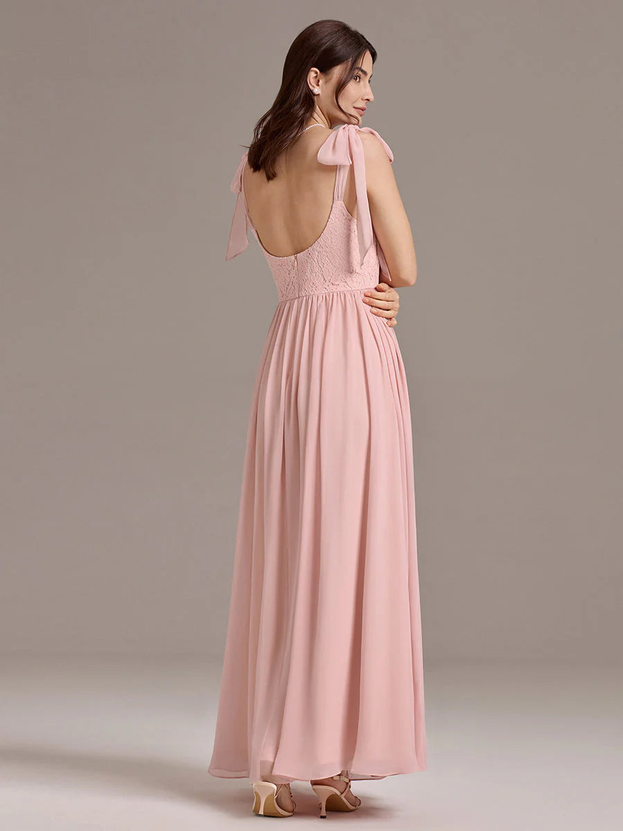 Chiffon Sweetheart Neck Bow Tie Backless A-Line Lace Bridesmaid Dress