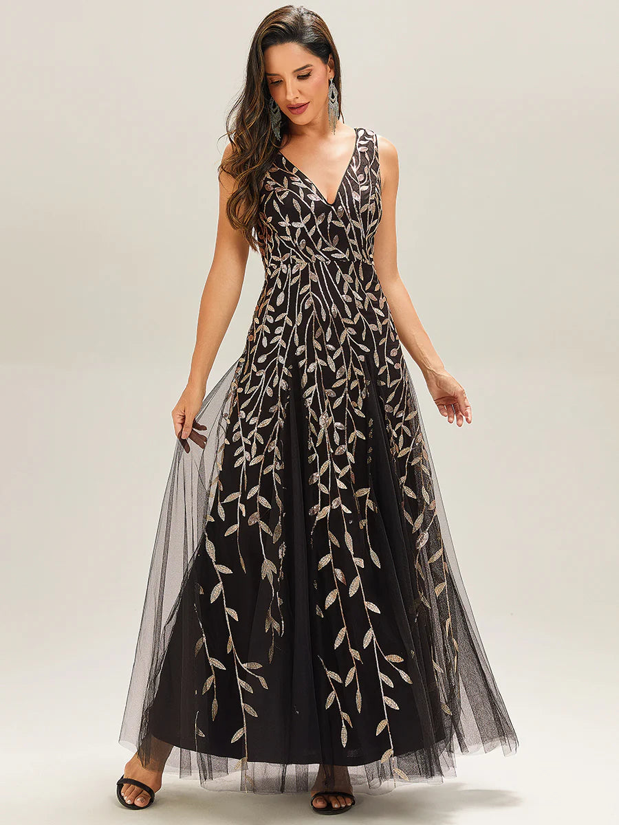 Shiny V-Neck Sequin Sleeveless Evening Dress with Tulle