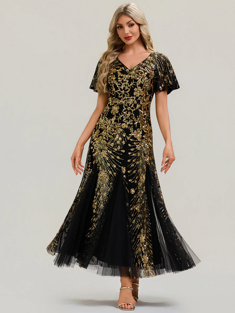 Short Sleeve Ruffle Sequin V-Neck A-Line Maxi Evening Dresses