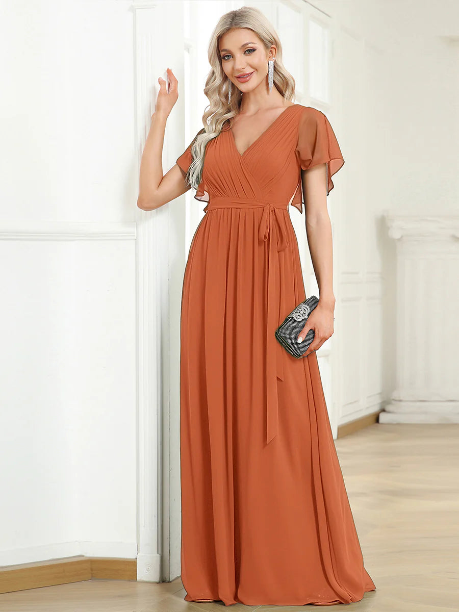 Short Sleeve Ruffle Deep V-Neck A-Line Floor Length Evening Dresses