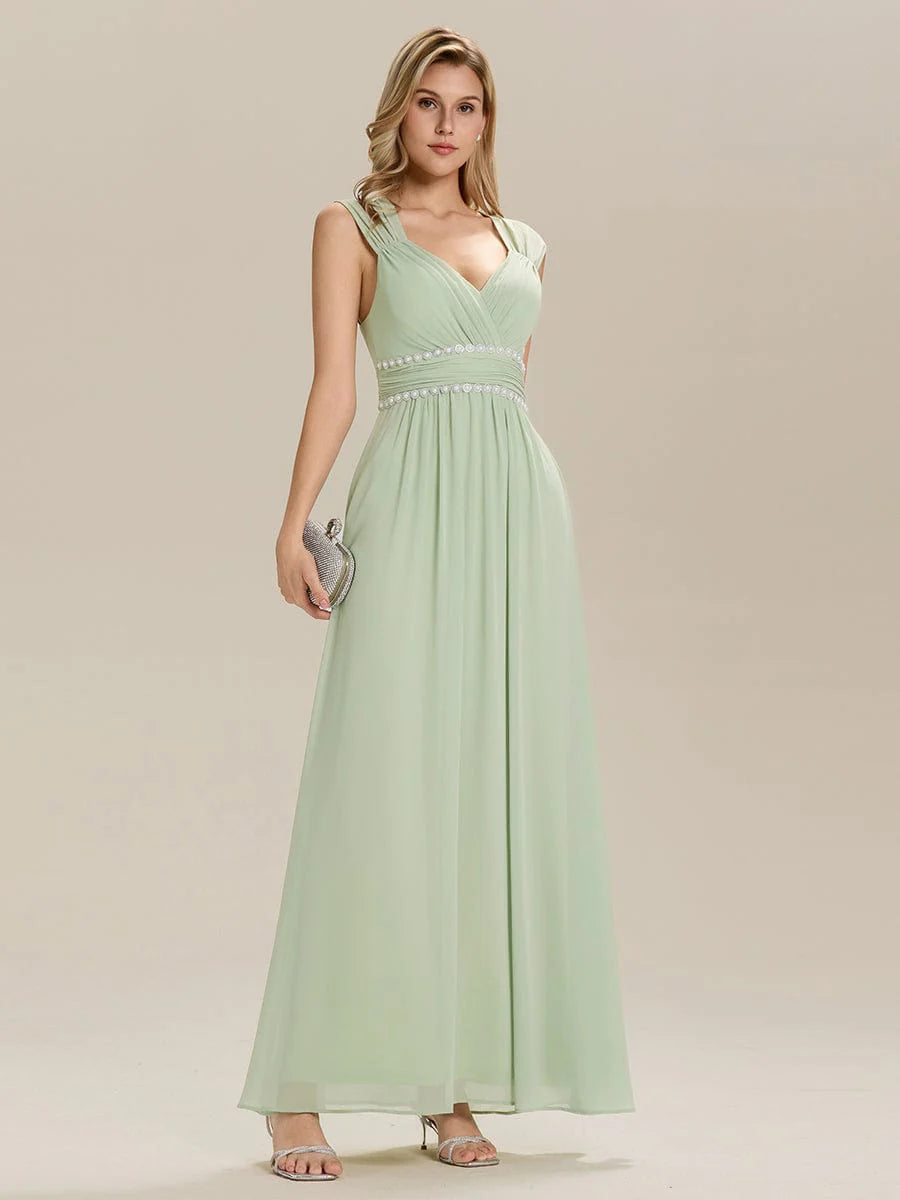 Custom Made Sleeveless Pleated Deep V-Neck A-Line Floor Length Dress; Bridesmaid Dresses