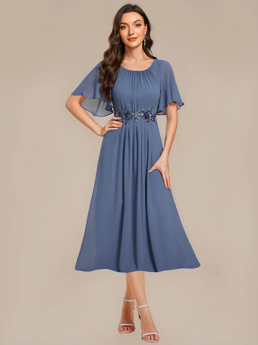 Commercial Wholesale Short Sleeve Ruffle A-Line Midi Dress with Floral Appliques Evening Dresses