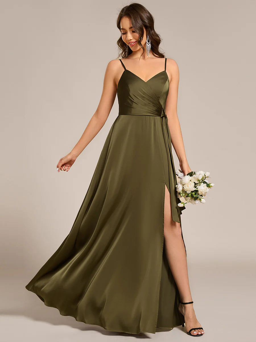 Elegant Floor-Length Spaghetti Straps Split Satin Bridesmaid Dress with Streamer