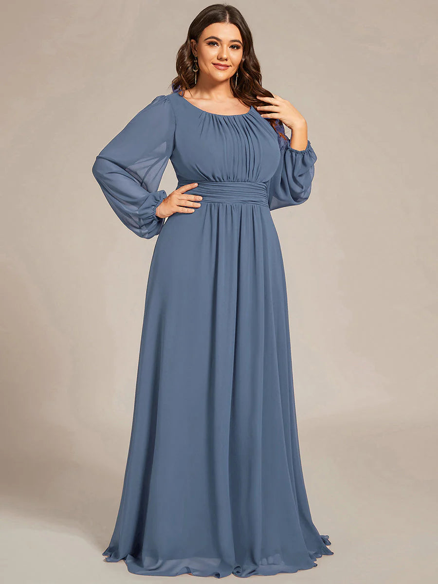 Plus Size Round Neck Wholesale Bridesmaid Dresses with Long Lantern Sleeves