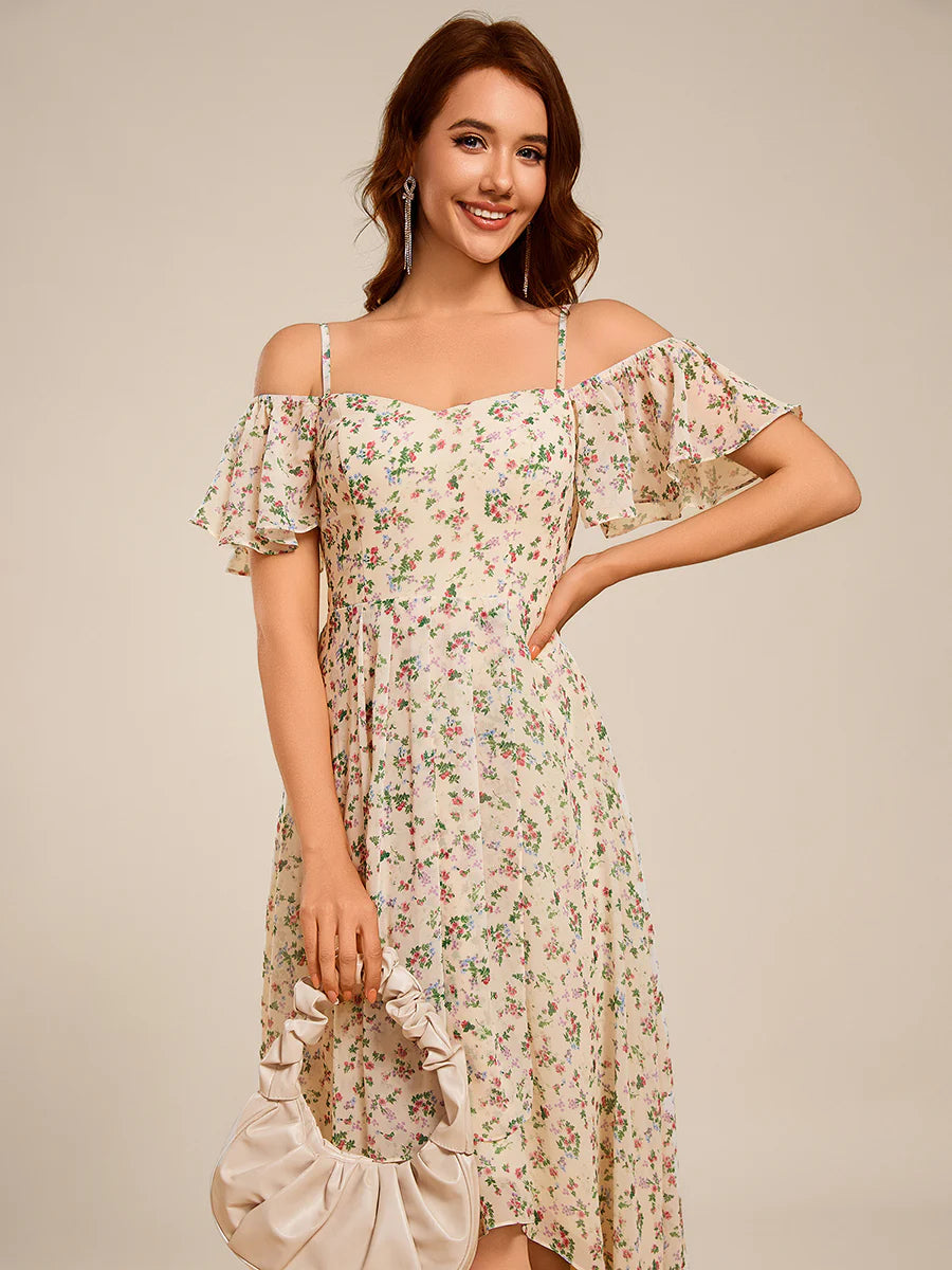 Chiffon Spaghetti Strap Cold Shoulder Tea Length Wedding Guest Dress