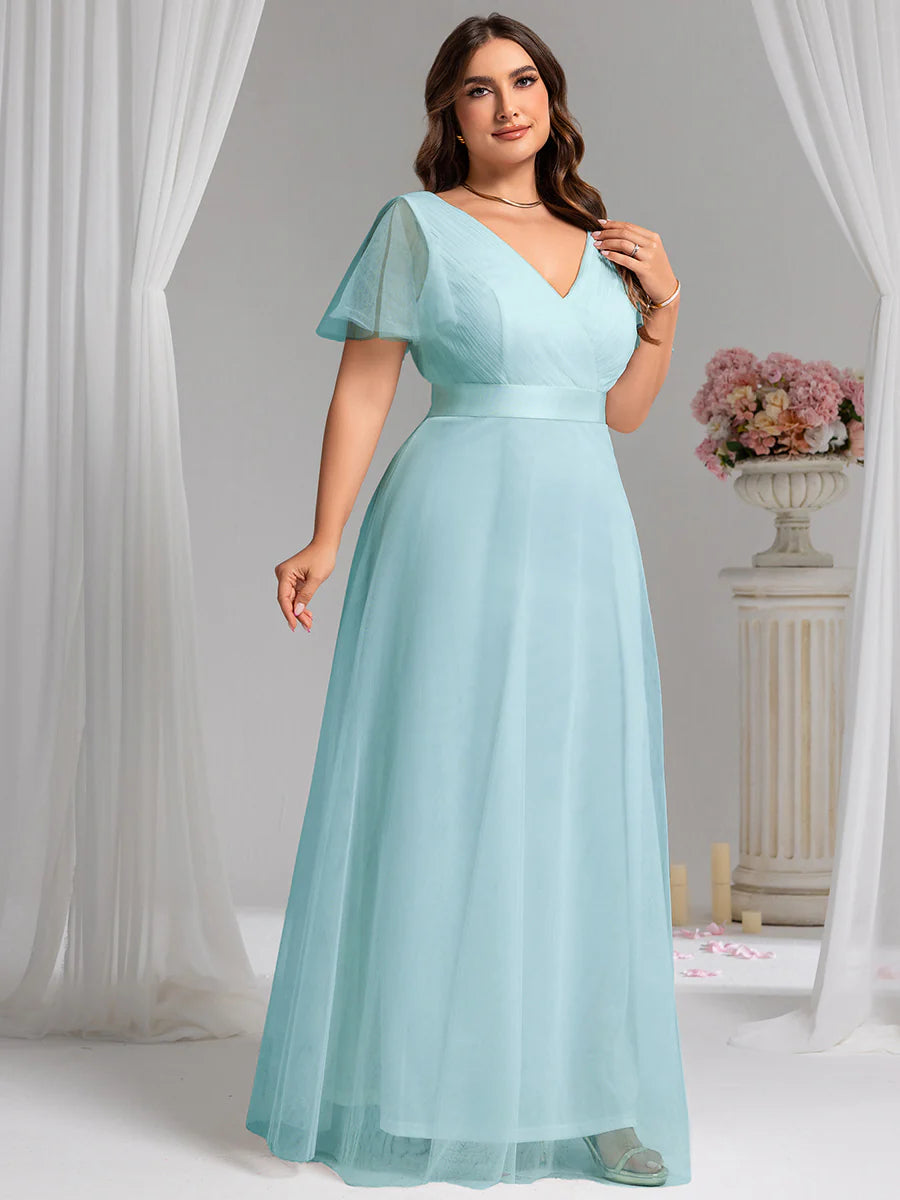 Plus Size Women's V-Neck Floor-Length Wholesale Bridesmaid Dresses