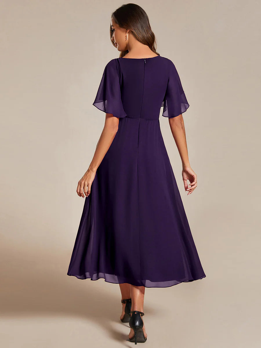 Applique V Neck Tea Length Wedding Guest Dress With Short Sleeves