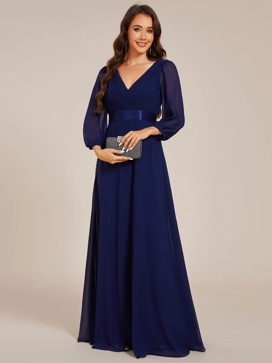 Classical Floor Length Long Sleeves Empire Waist Chiffon Evening Dresses