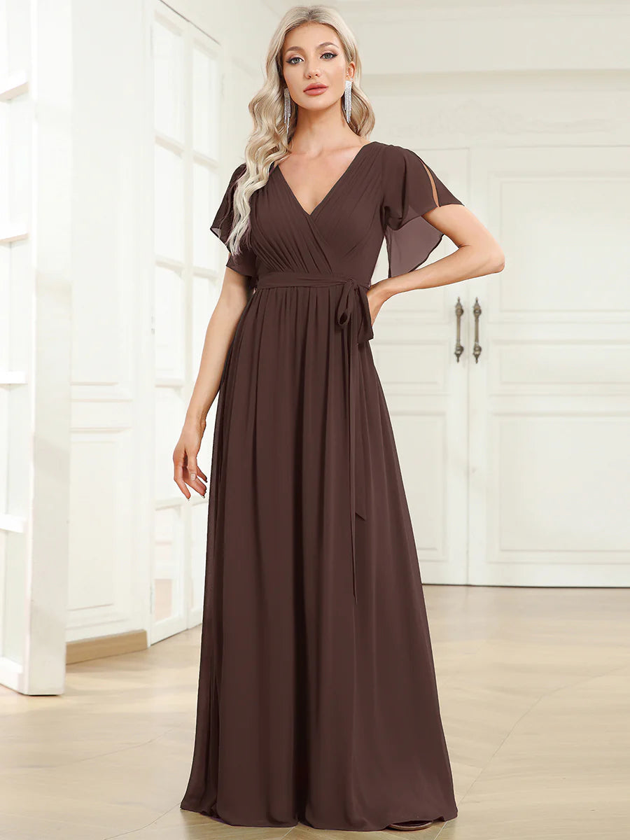 Short Sleeve Ruffle Deep V-Neck A-Line Floor Length Evening Dresses