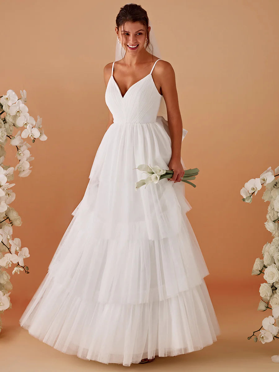 Romantic Tulle Layered Wedding Spaghetti Straps Dresses