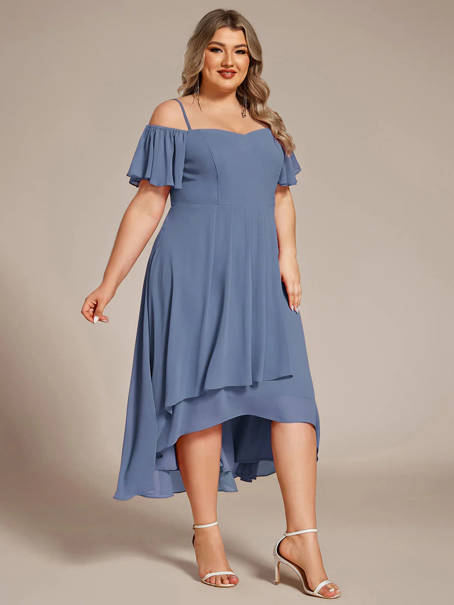 Plus Size Chiffon Spaghetti Strap Cold Shoulder Tea Length Wedding Guest Dress