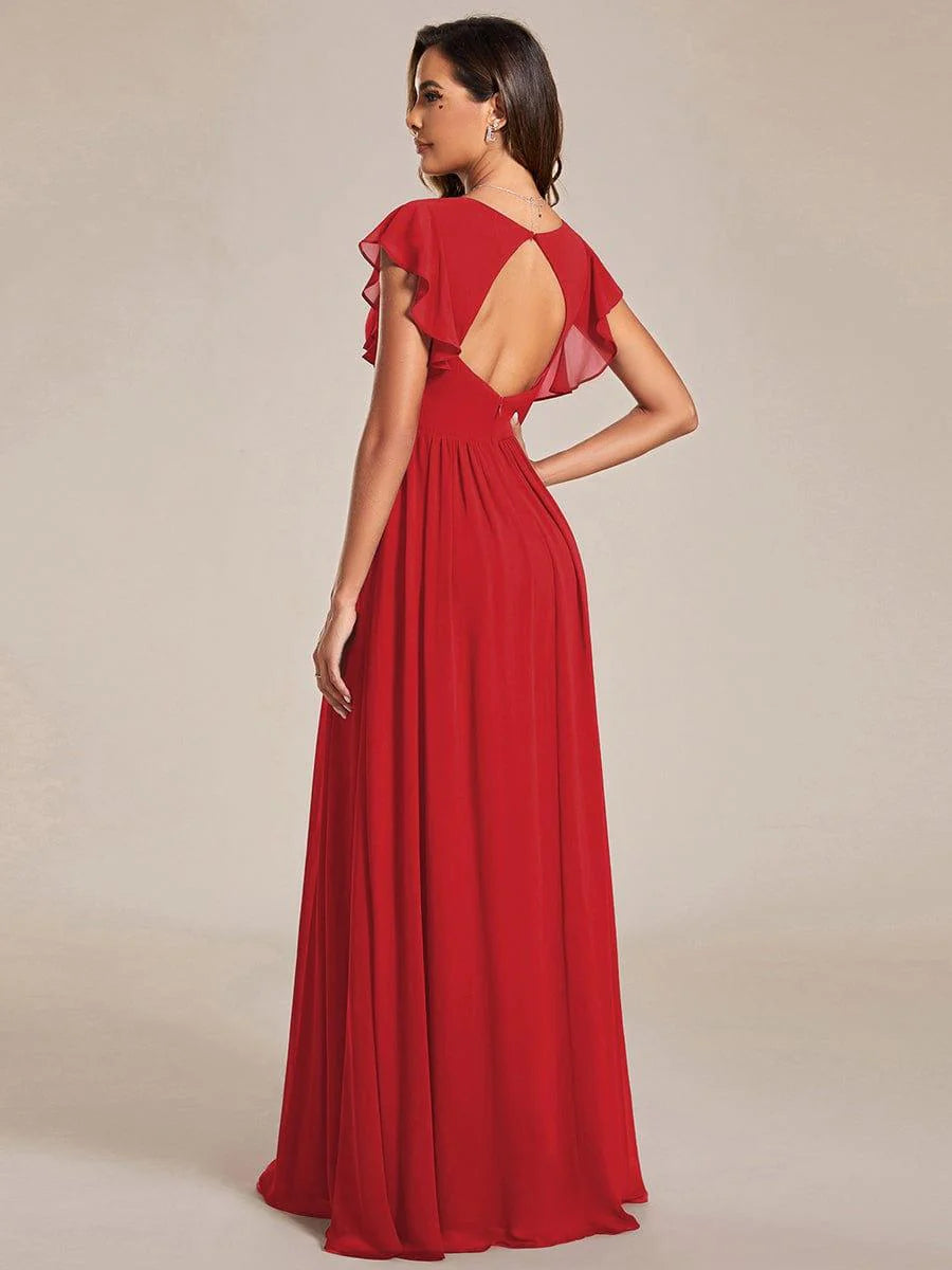 Ever LILYANA|Elegant V-Neck Open Back Ruffled Sleeves Chiffon Bridesmaid Dress