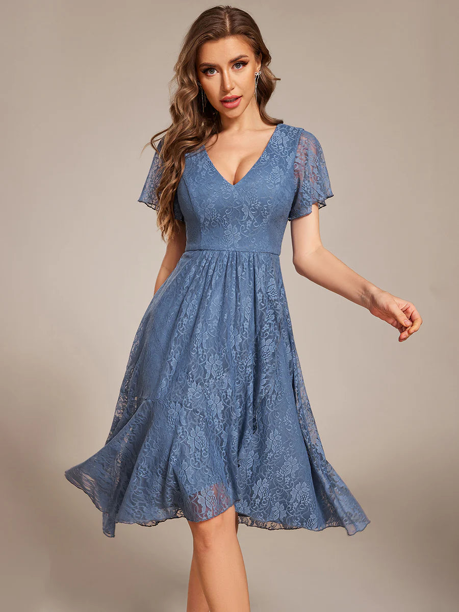 Short Sleeve Ruffled V-Neck A-Line Midi Wedding Guest Dress