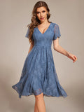 Short Sleeve Ruffled V-Neck A-Line Midi Wedding Guest Dress