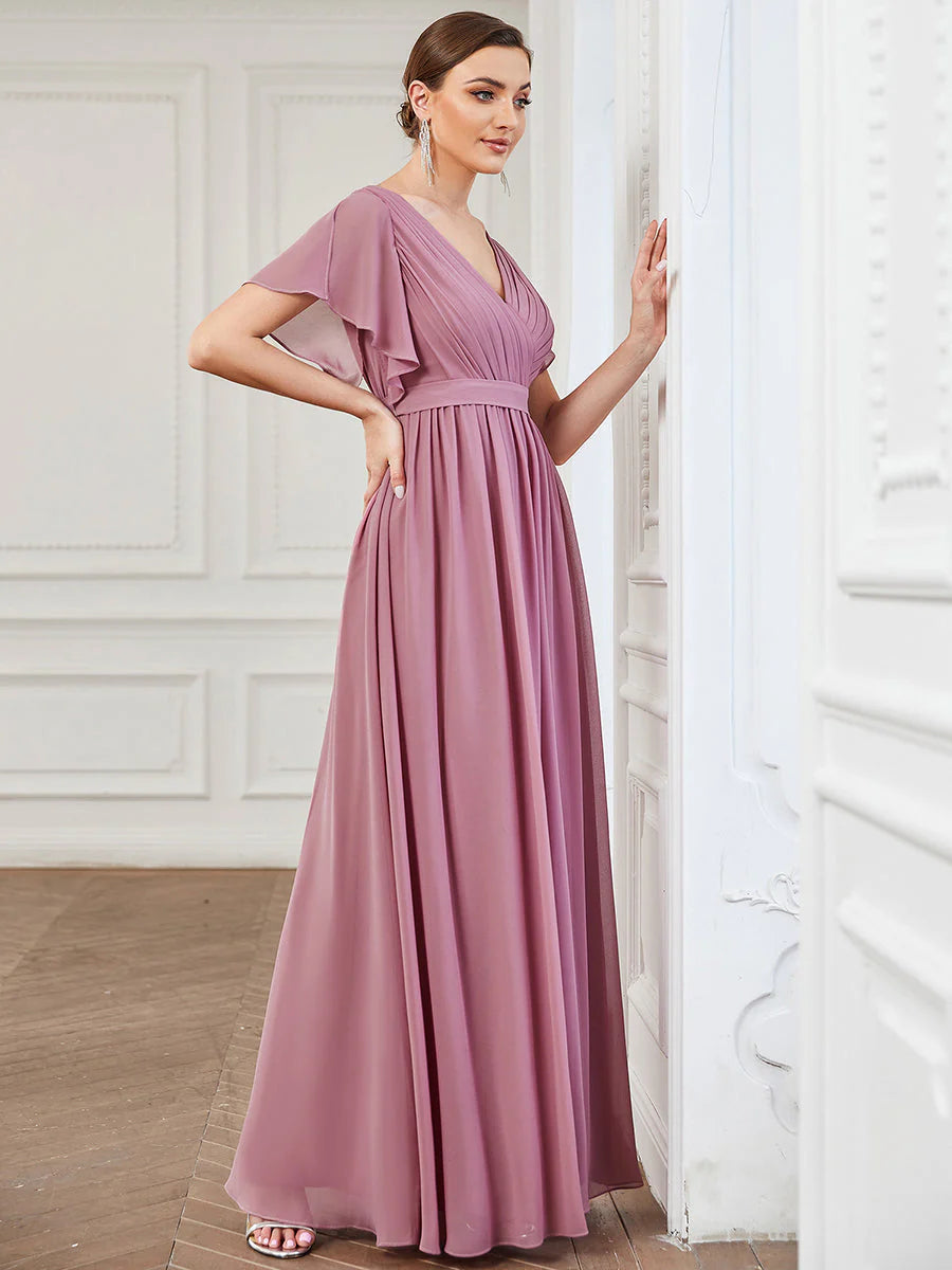 A Line Wholesale Evening Dresses with Deep V Neck Ruffles Sleeves