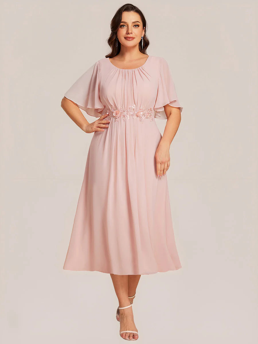 Commercial Wholesale Short Sleeve Ruffle A-Line Midi Dress with Floral Appliques Evening Dresses