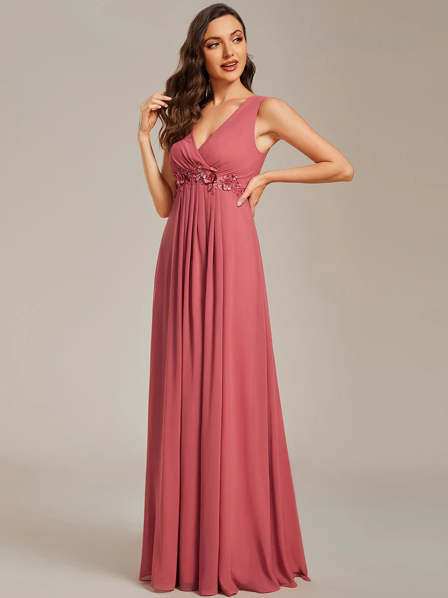 A-Line V Neck Appliques Ruched Wholesale Evening Dresses
