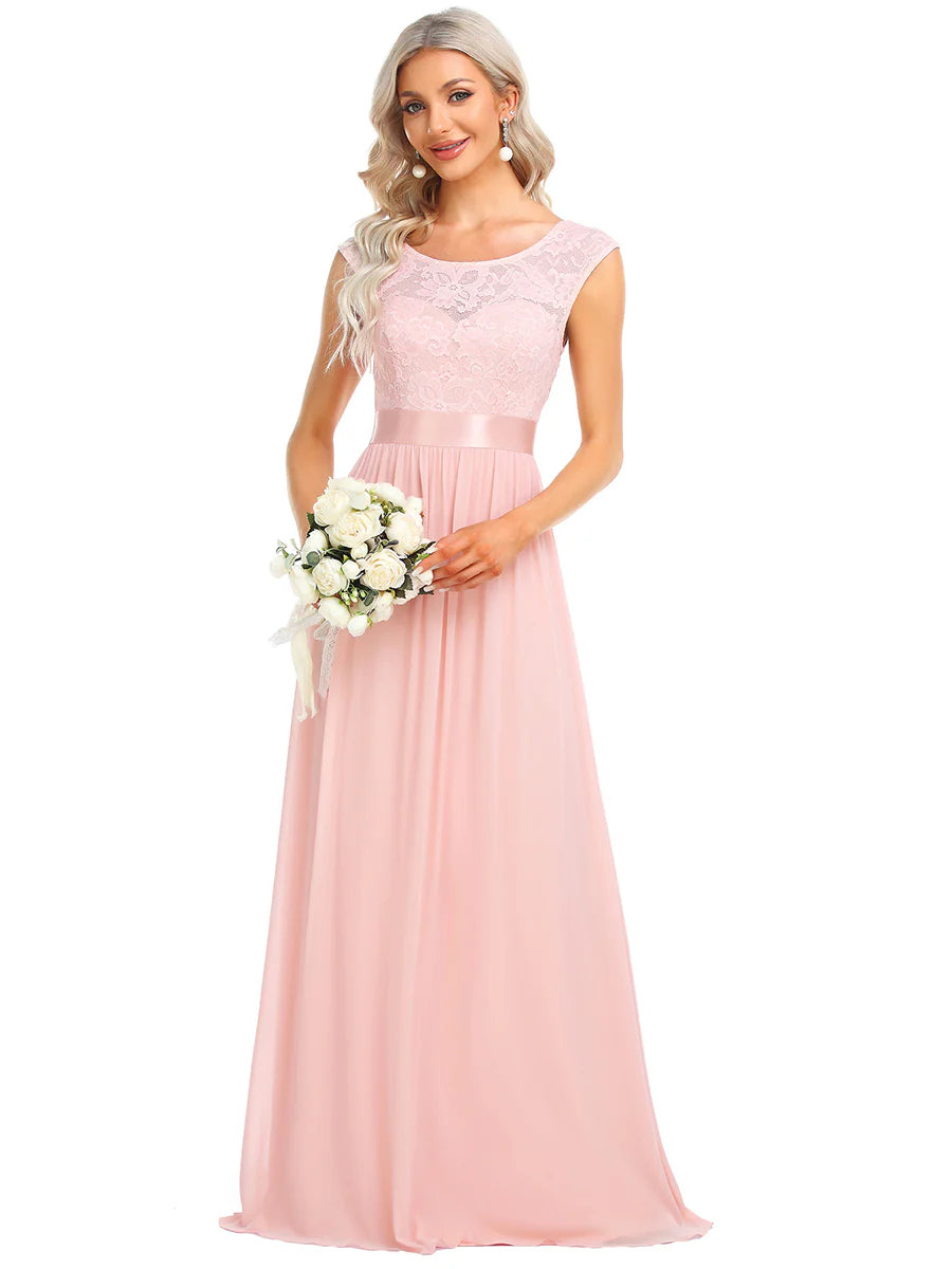 Wholesale V Back Belted Lace & Chiffon Bridesmaid Dresses