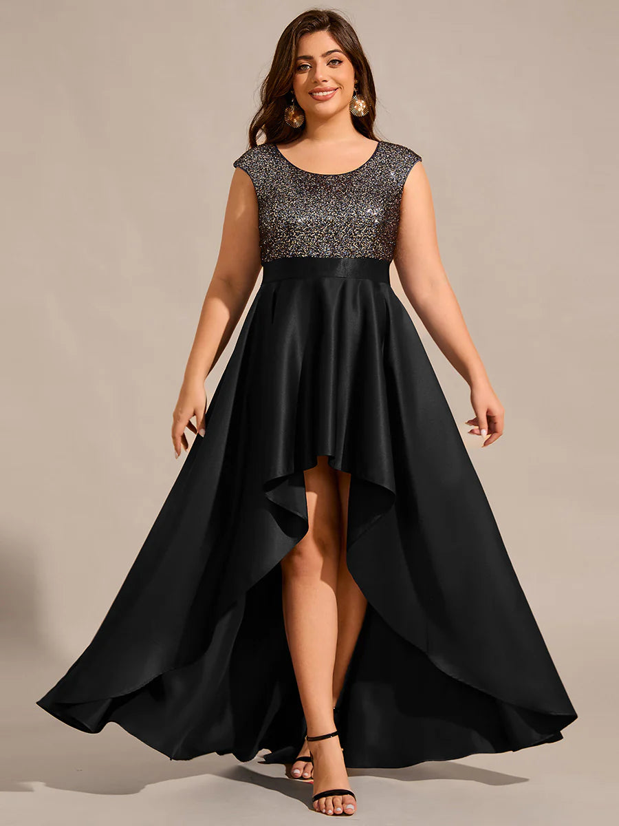 Plus Size Elegant Round Neck Asymmetrical Hem Sequin Contrast Satin Dresses with Raglan Sleeves