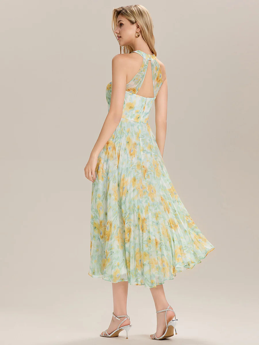 Sleeveless Halter Neck Pleated Floral A-Line Midi Wedding Guest Dress