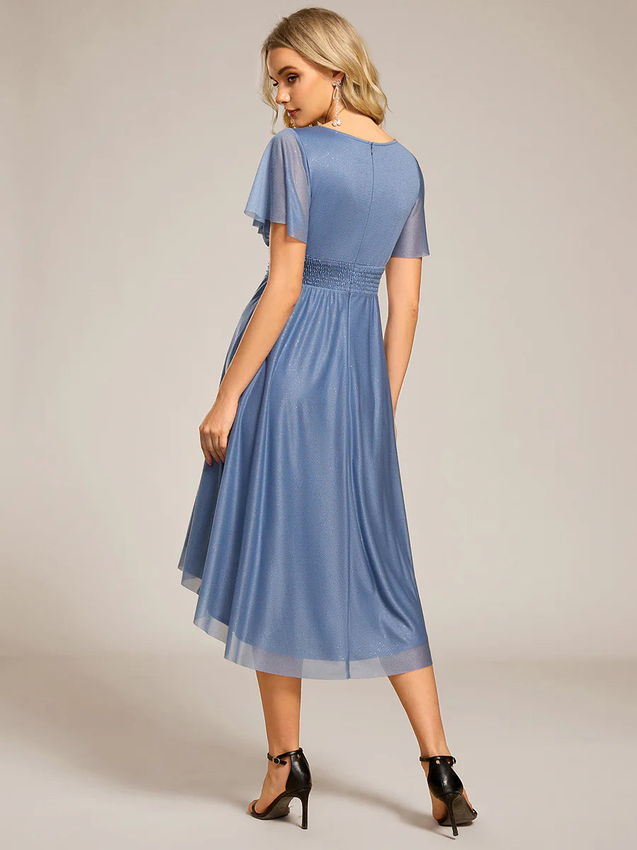 Short Sleeves Pleated Ruffle Round Neck Asymmetrical Midi Wedding Guest Dress