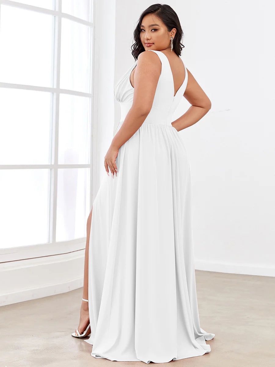 Plus Sleeveless Wholesale Bridesmaid Dresses with Deep V Neck and A Line