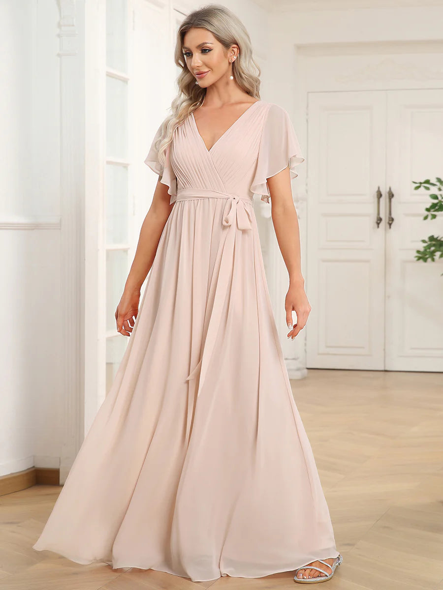 A Line Wholesale Evening Dresses with Deep V Neck Ruffles Sleeves