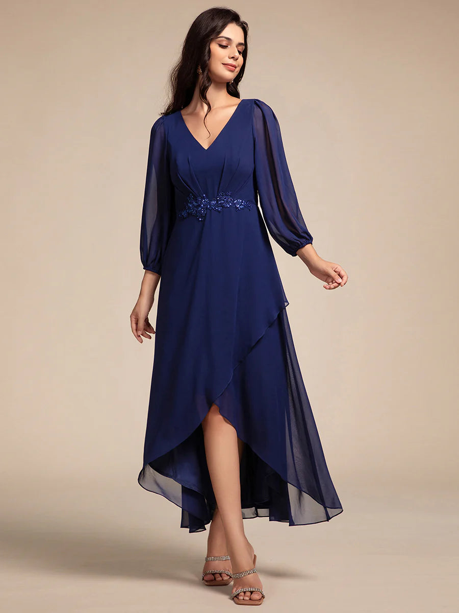 Elegant Applique Empire Waist Nine-Length Chiffon Evening Dresses with Regular fold stream Asymmetrical Hem