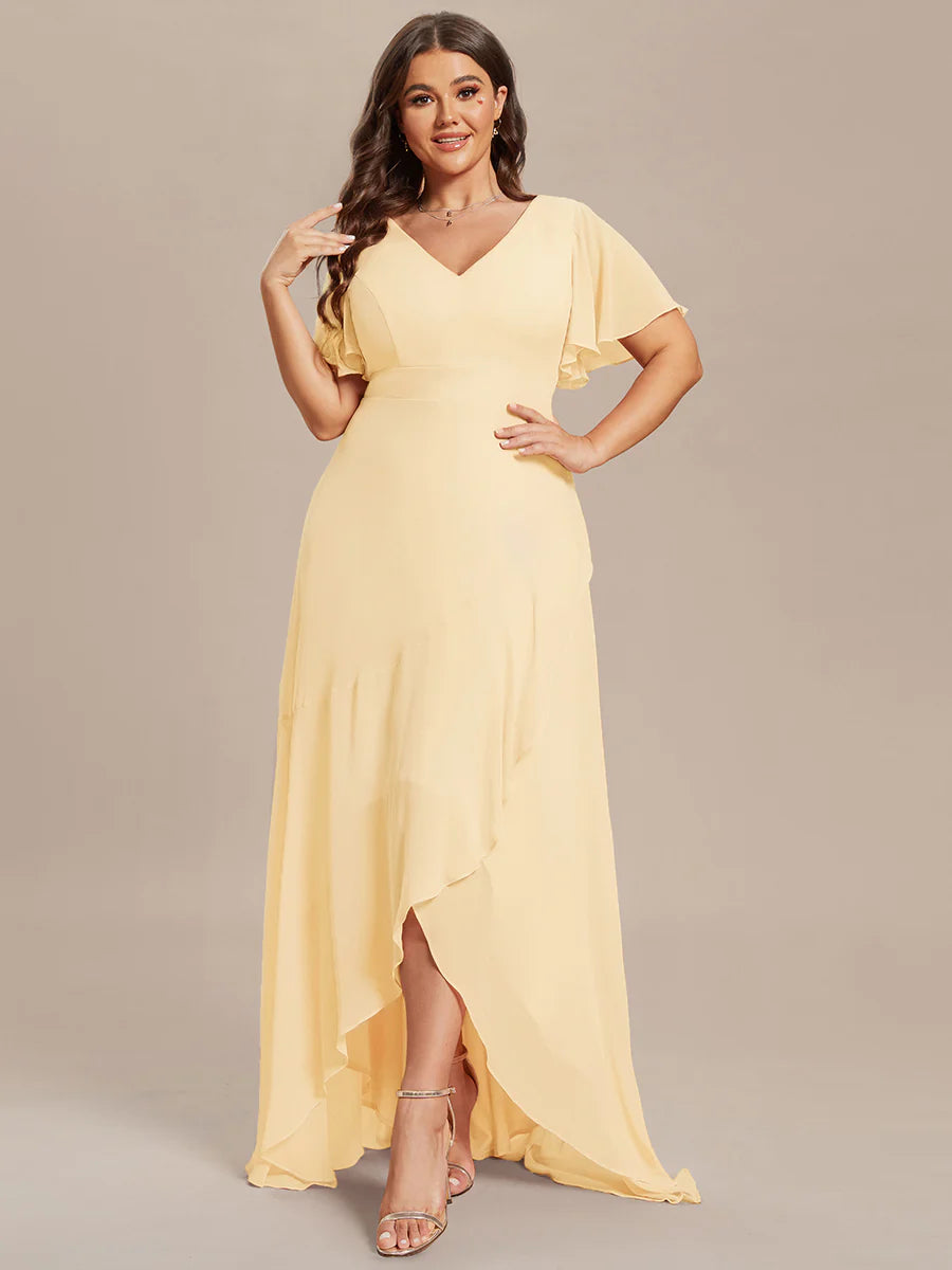 Plus V Neck High Low Ruffles Chiffon Wholesale Bridesmaid Dresses