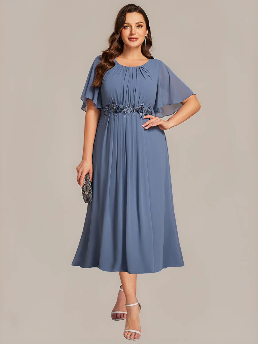 Commercial Wholesale Short Sleeve Ruffle A-Line Midi Dress with Floral Appliques Evening Dresses
