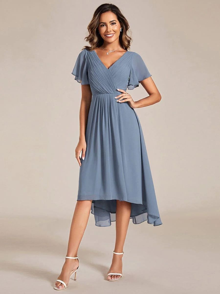 Chic V Neck High-Low Short Sleeve Wedding Guest Dress