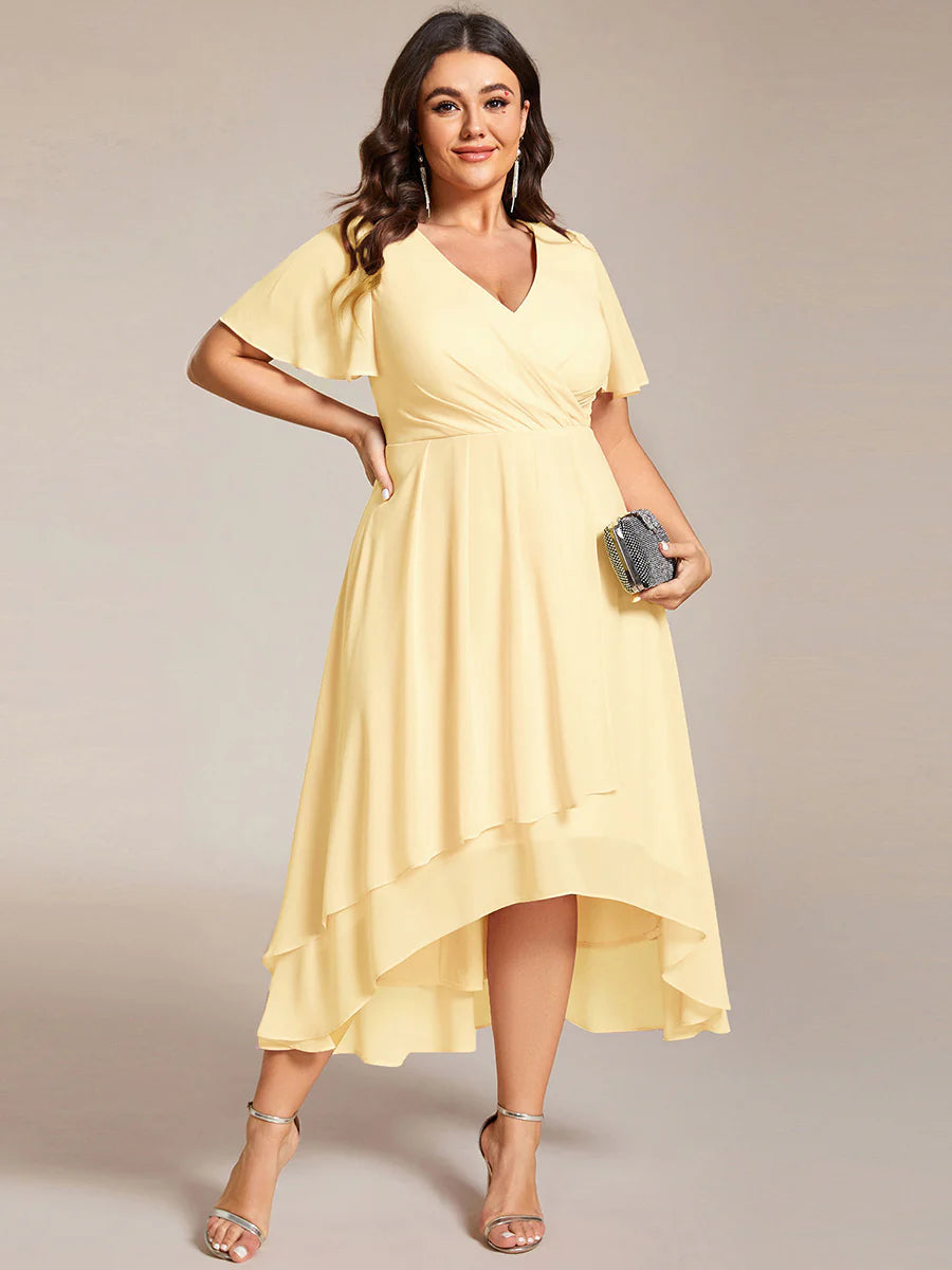 Plus V-Neck Midi Chiffon Wedding Guest Dresses with Ruffles Sleeve
