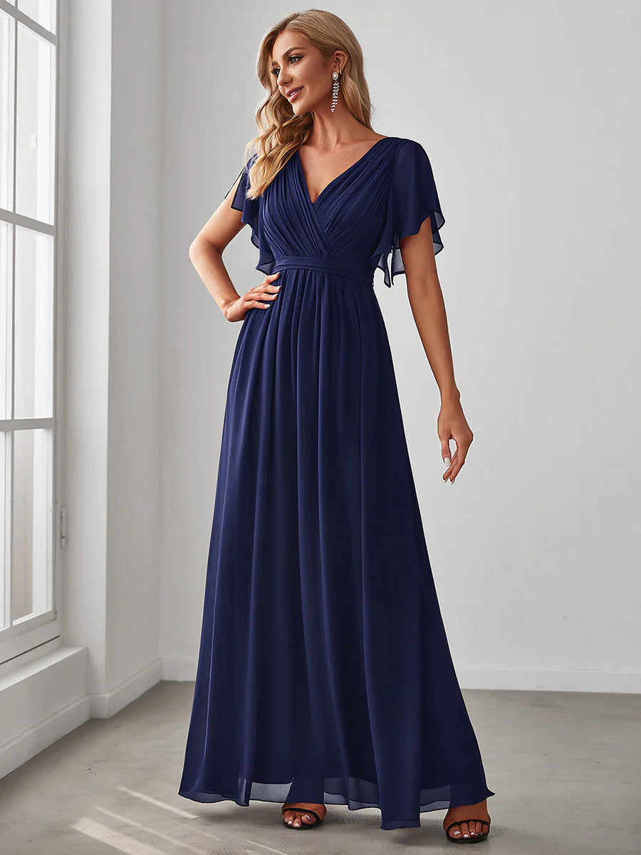 A Line Wholesale Evening Dresses with Deep V Neck Ruffles Sleeves