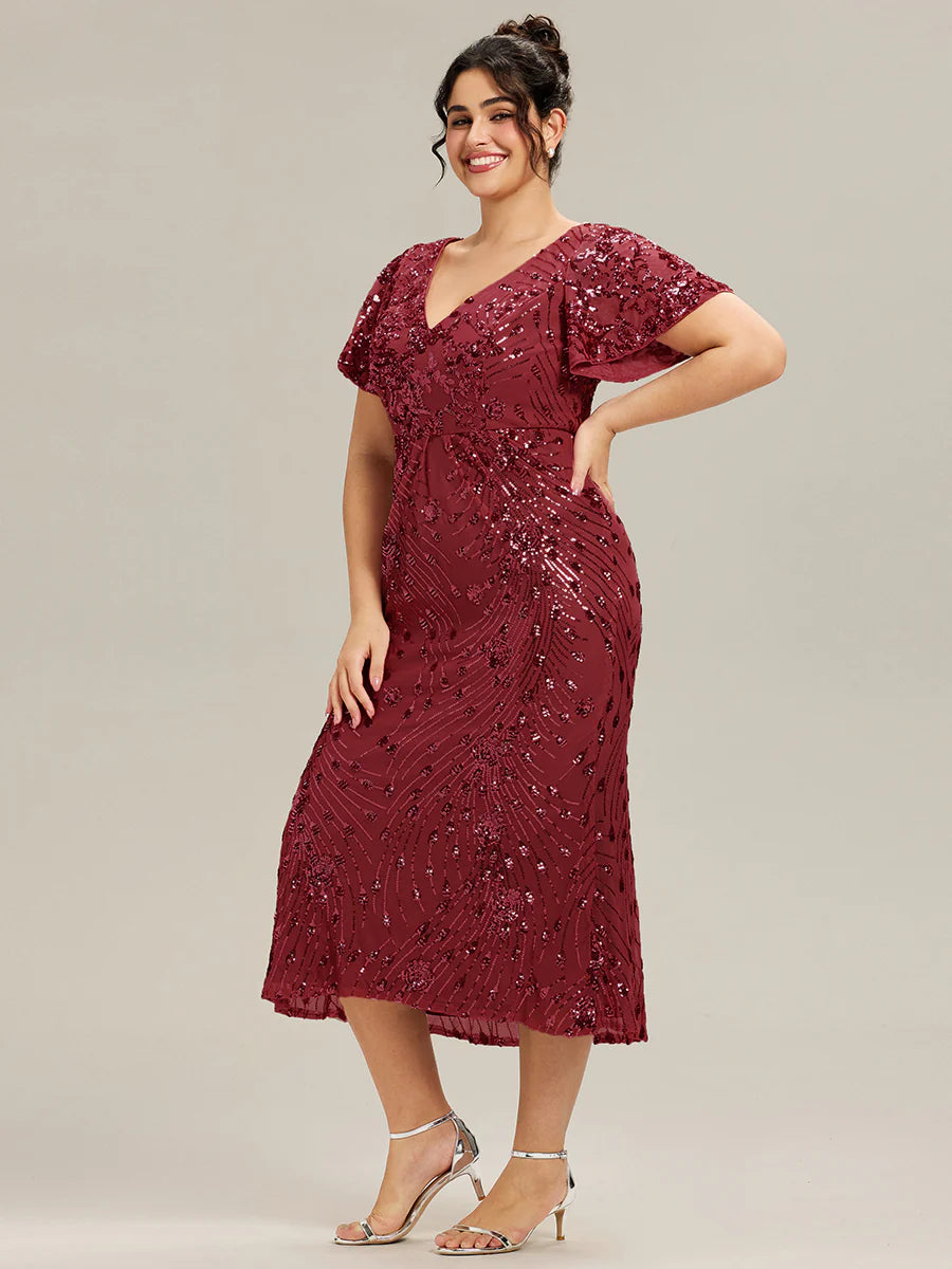 Plus Size Strapless Deep V-Neck Fishtail Paillette Midi Evening Dresses