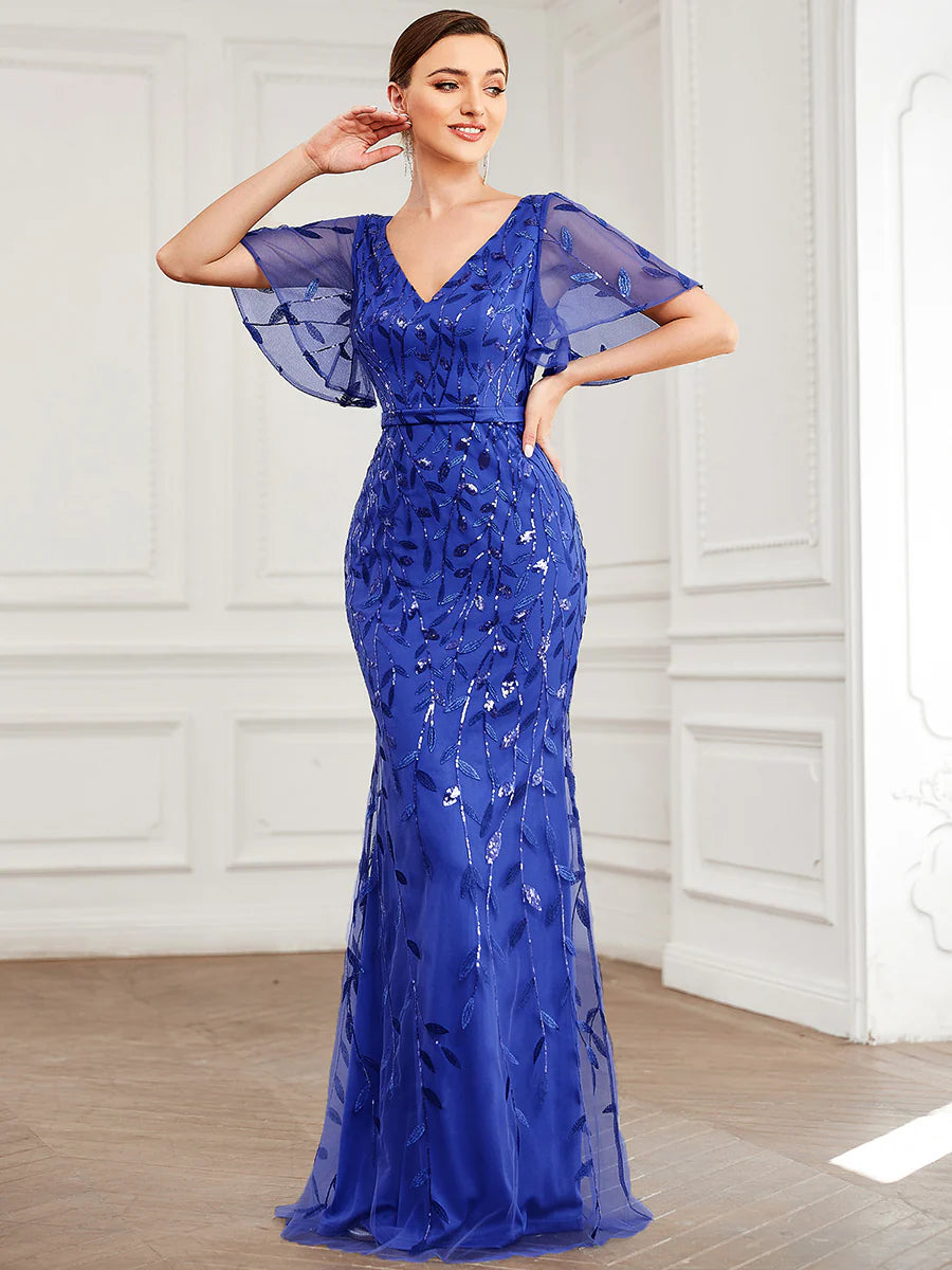 Gorgeous V Neck Leaf-Sequined Fishtail Wholesale Evening Dress