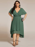 Plus V-Neck Midi Chiffon Wedding Guest Dresses with Ruffles Sleeve