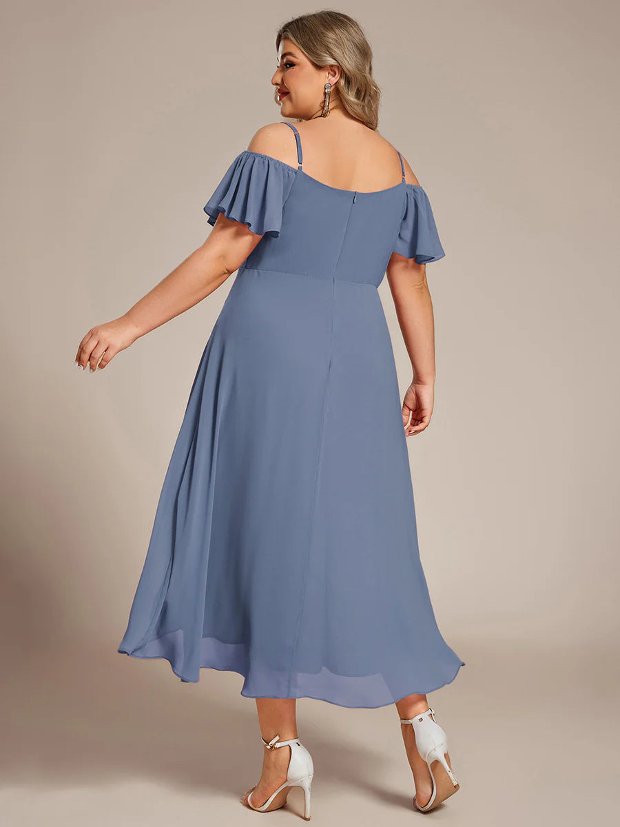Plus Size Chiffon Spaghetti Strap Cold Shoulder Tea Length Wedding Guest Dress