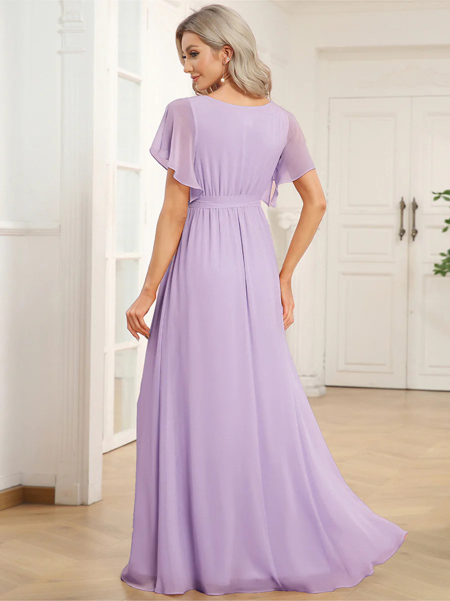 A Line Wholesale Evening Dresses with Deep V Neck Ruffles Sleeves