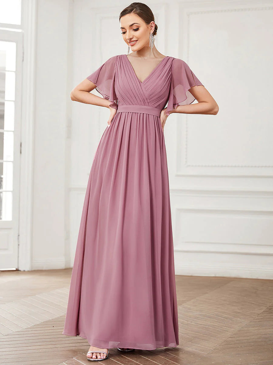A Line Wholesale Evening Dresses with Deep V Neck Ruffles Sleeves